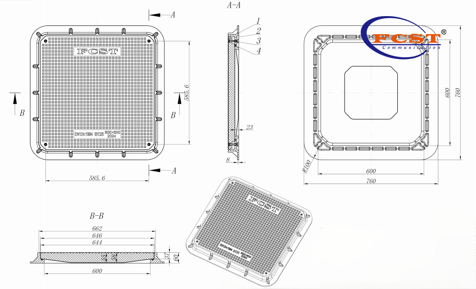 FCST-B125&C250-SMC05 SMC فتحة واضحة 600 * 600 مم غطاء وإطار فتحة مربعة